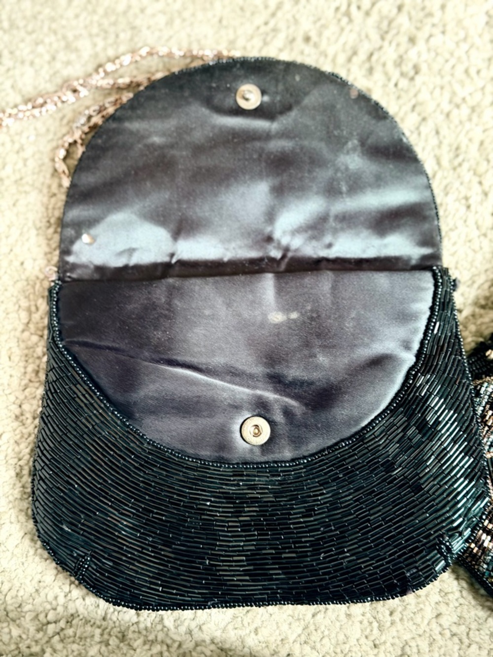 Vintage Black Beaded Evening Bag • Gold Chain Strap • Art Deco Style - Picture 6 of 6